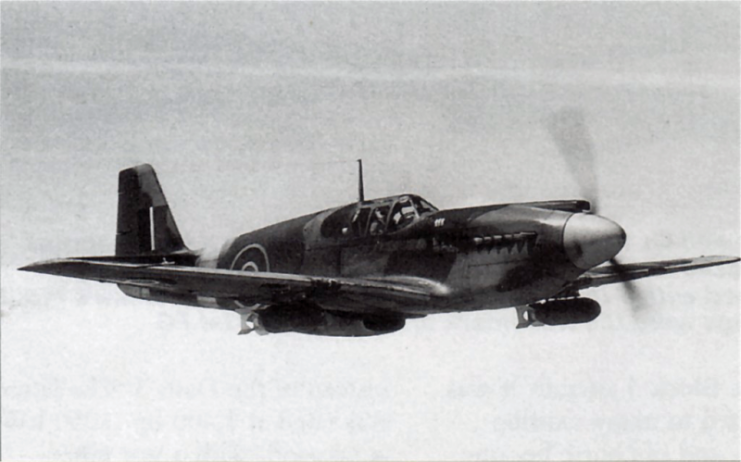 Sole RAF A-36A on demonstration flight, front, right 3 4 view.