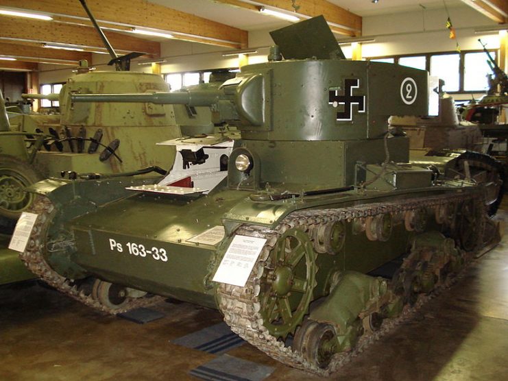 Soviet T-26 model 1933 tank, in Finnish markings, displayed in Finnish Tank Museum.Photo Balcer CC BY 2.5