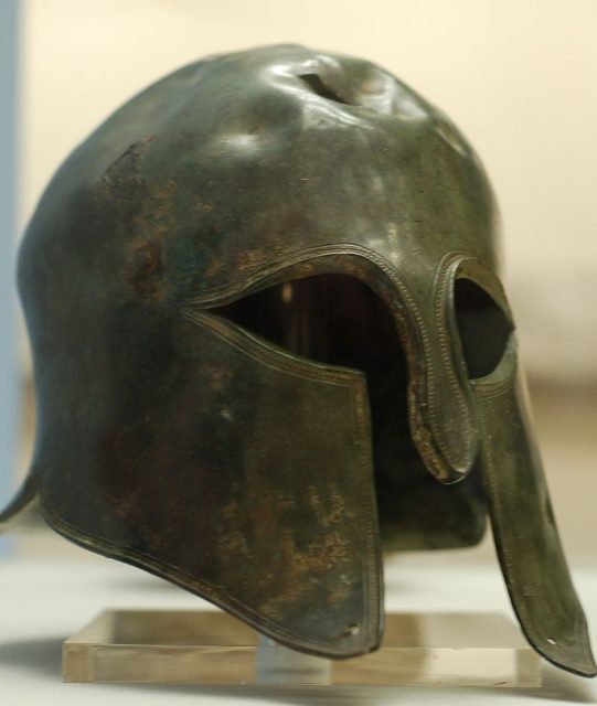 Spartan helmet on display at the British Museum.Photo john antoni CC BY-SA 2.0