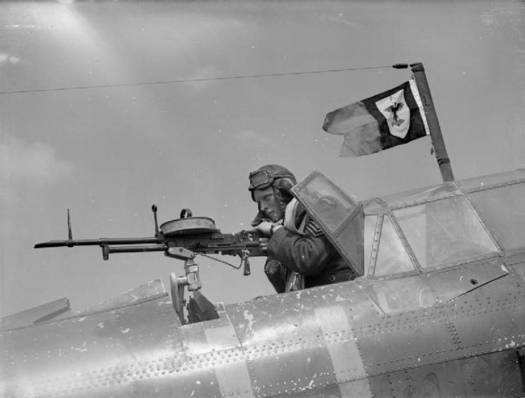 The air gunner of a Fairey Battle mans the aircraft’s defensive weapon, a single pintle-mounted rapid firing Vickers K machine gun, France, 1940