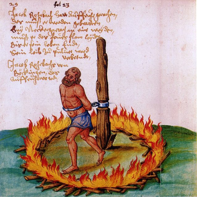 The burning of Little Jack (Jacklein) Rohrbach, a leader of the peasants during the war, in Neckargartach.