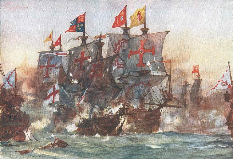 The Last fight of the Revenge off Flores in the Azores 1591 Between England and Spain