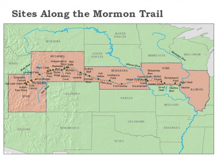 The Mormon Trail from Illinois to Great Salt Lake City.