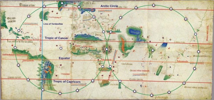 The rhumb-line construction scheme and geographic lines in the Cantino planisphere.Photo Alvesgaspar CC BY-SA 3.0