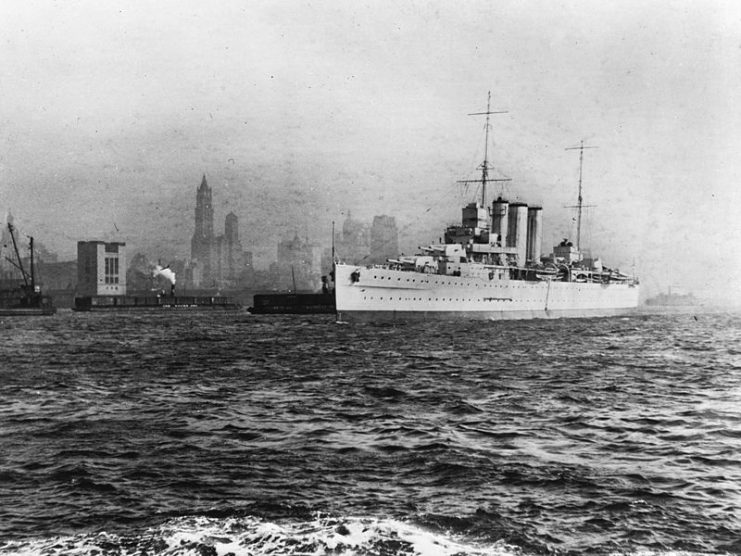 The Royal Australian Navy heavy cruiser HMAS Australia (D84) underway in Hudson River off New York City (USA)- heading north upstream, circa 1932-1933.