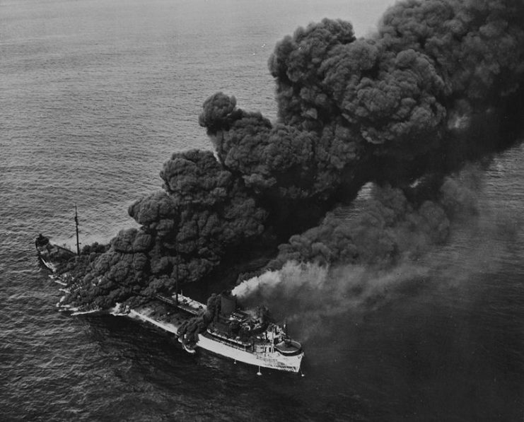 The tanker SS Pennsylvania Sun, torpedoed by U-571 on 15 July 1942 (was saved and returned to service in 1943)