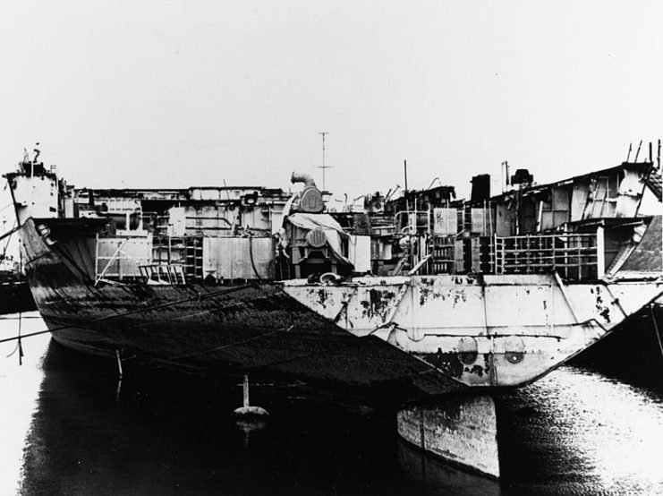 The U.S. Navy aircraft carrier USS Bunker Hill (CV-17) being scrapped at Tacoma, Washington (USA), circa in 1973.