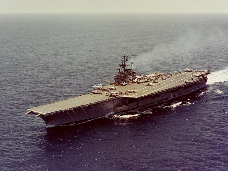 The U.S. Navy aircraft carrier USS Forrestal (CVA-59) underway at sea on 31 May 1962, while preparing for her fifth deployment.