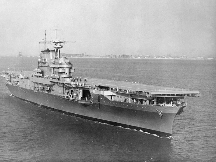 The U.S. Navy aircraft carrier USS Hornet (CV-8) underway in Hampton Roads, Virginia (USA), on 27 October 1941