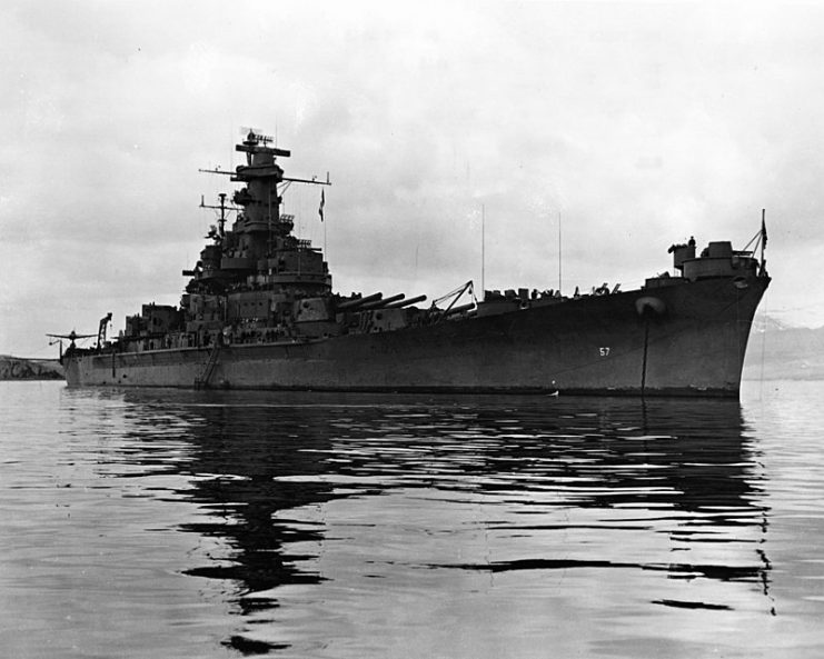 The U.S. Navy battleship USS South Dakota (BB-57) anchored in Hvalfjörður, Iceland, on 24 June 1943.