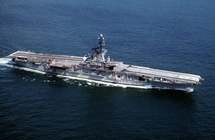The U.S. Navy training aircraft carrier USS Lexington (CVS-16) underway in the late 1960s
