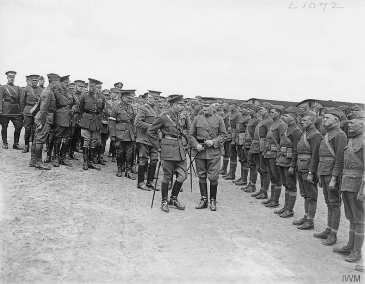 The US Army on the Western Front, 1917-1918 King George V and Major-General Edward M. Lewis inspecting troops of the American 30th Division