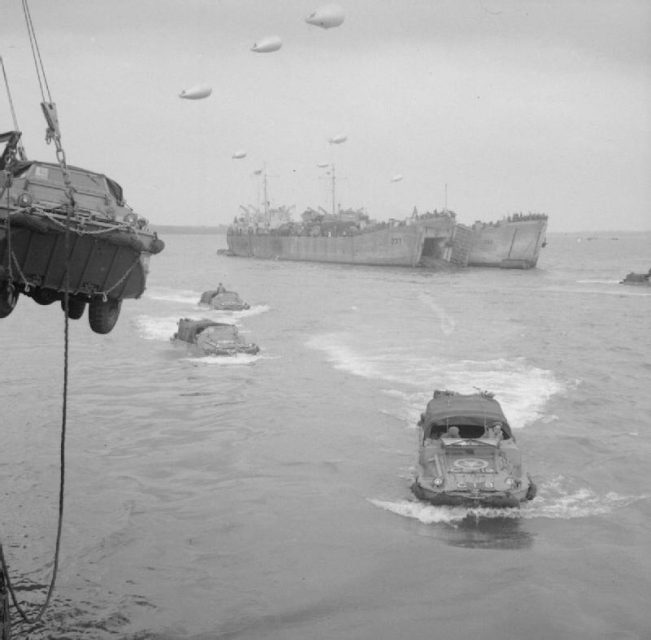 The British Army in the United Kingdom – Preparations For D-day DUKWs make their way ashore from landing ships during final preparations for the invasion of Normandy, 1 – 4 June 1944.