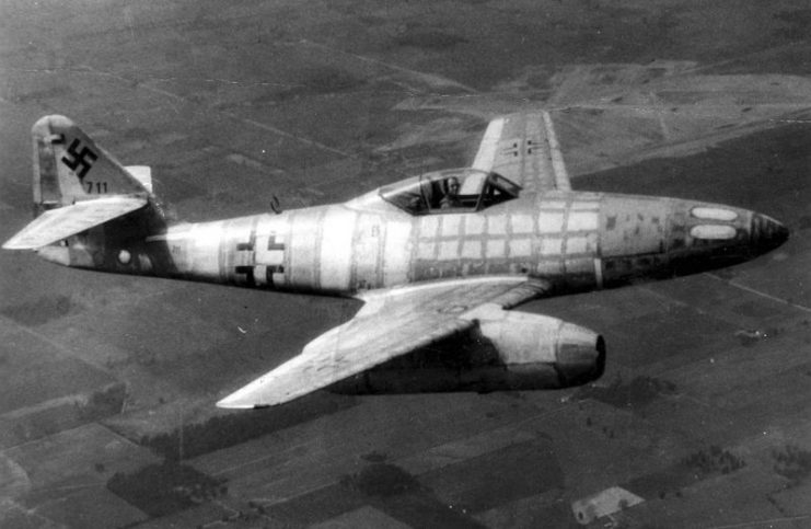 This airframe, Wrknr. 111711, was the first Me 262 to come into Allied hands when its German test pilot defected on March 31, 1945. The aircraft was then shipped to the United States for testing