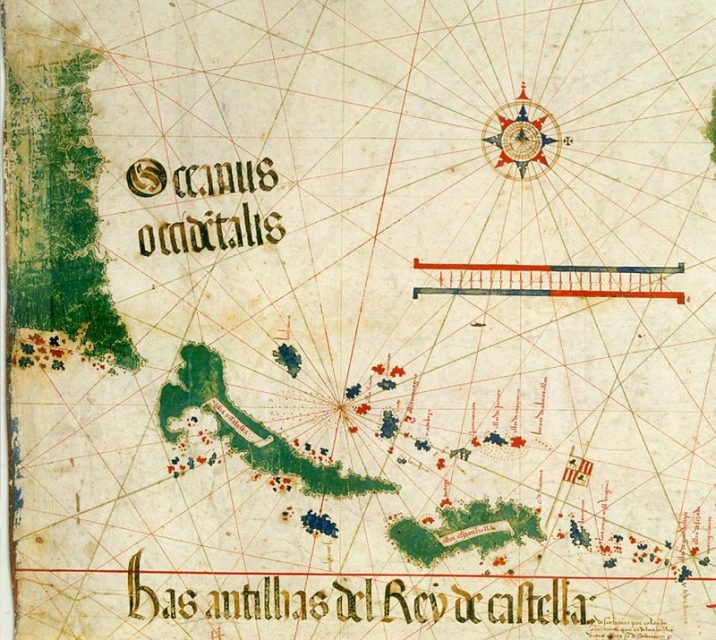 Top left corner section of 1502 Cantino map, which shows US East Coast, Cuba, Hispaniola, and other Caribbean Islands