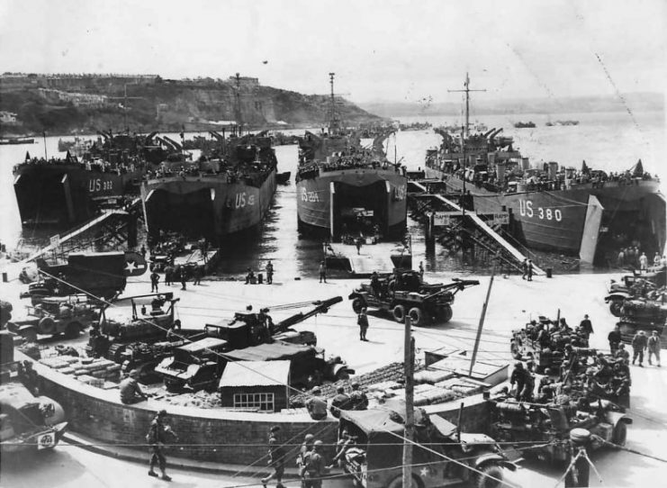 Troops load LSTs at Brixham England for D-Day Invasion 1944