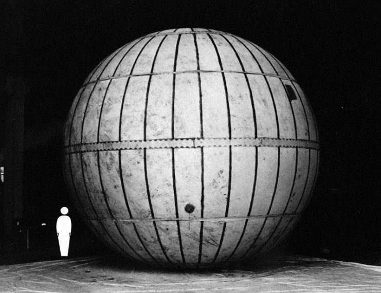 “Type B” rubberized silk balloon, recovered at sea and reinflated. Outline of a human is provided for scale.