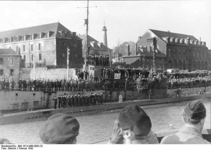 U-123 at Lorient in February 1942.Photo: Bundesarchiv, Bild 101II-MW-3983-23 : Dietrich : CC-BY-SA 3.0