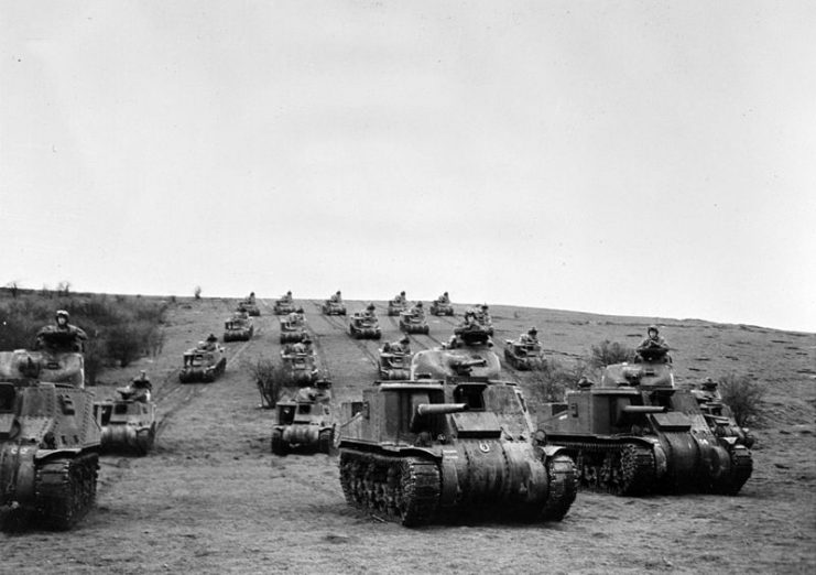U.S. Army M3 tanks during maneuvers in the United Kingdom.