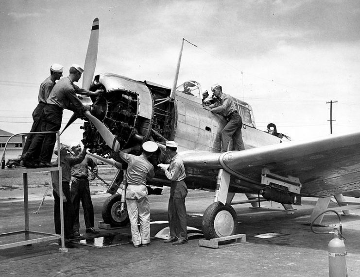 U.S. Navy airmen training on a Douglas SBD Dauntless at the Naval Air Technical Training Center Memphis, Tennessee