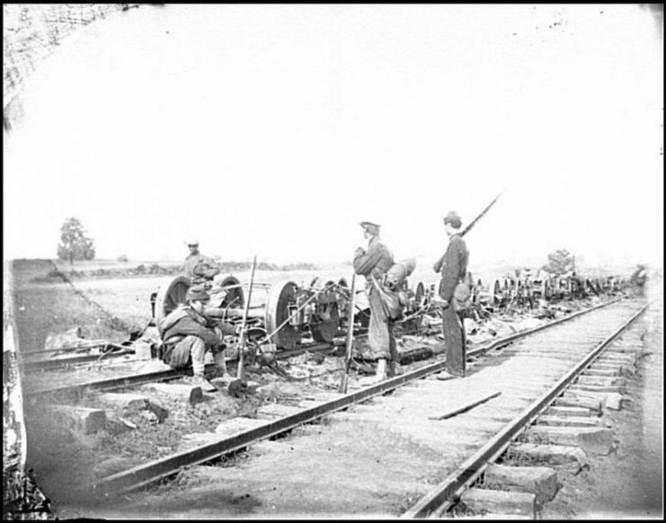 Union soldiers at the wreckage of the Orange & Alexandria Railroad at the time of the Second Battle of Bull Run.