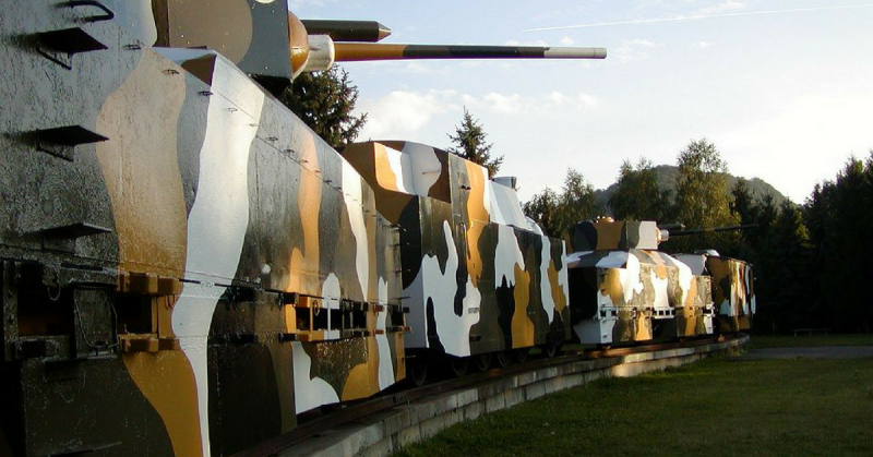 The 'Hurban' Armoured train located in Zvolen, Slovakia. It is not the original, but a replica used in a film.  Attribution: Martin Hlauka (Pescan)