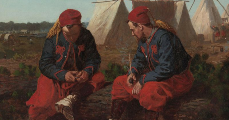 An 1864 oil painting of two 5th New York Zouaves