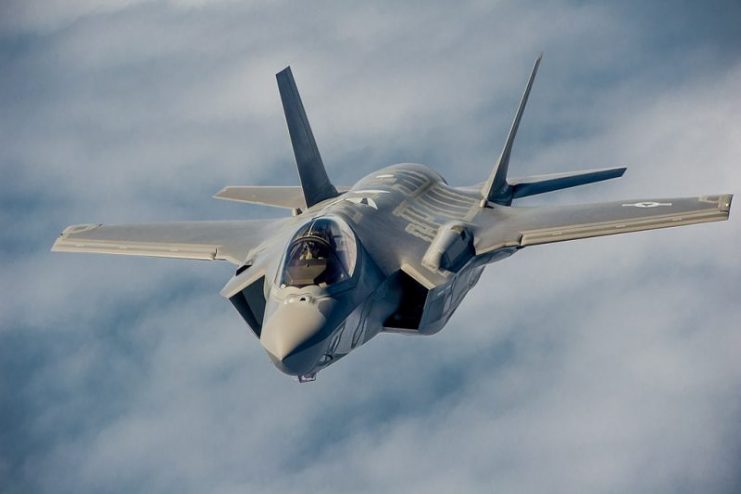 US Air Force F-35A maneuvers to refuel from a KC-135.