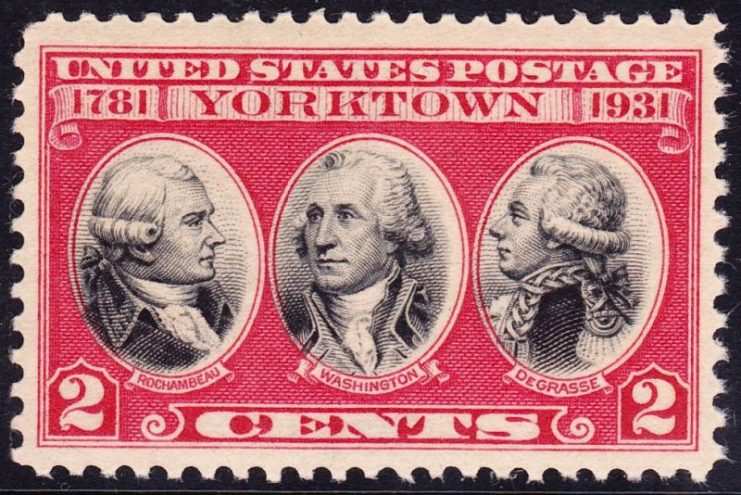 US Postage Stamp, 1931 issue, depicting Rochambeau, George Washington and De Grasse, commemorating 150th anniversary of the victory at Yorktown, 1781
