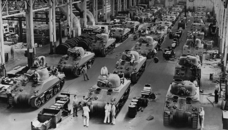 US Army Detroit Tank Plant. This plant became known as the Arsenal of Democracy and has been pivotal in Army engineering ever since. Scene depicts production of M4A4 Sherman Tanks some time during 1942.