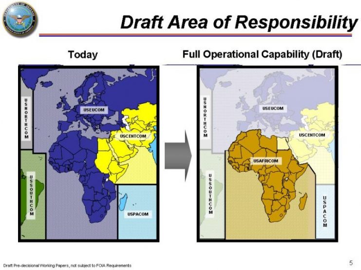 February 2007 Draft Map of U.S. AFRICOM showing its creation from parts of USEUCOM, USCENTCOM and USPACOM.