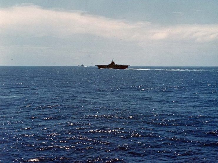 USS Bunker Hill (CV-17) launching aircraft during raids on the Marshall Islands, c.a Jan 1944.