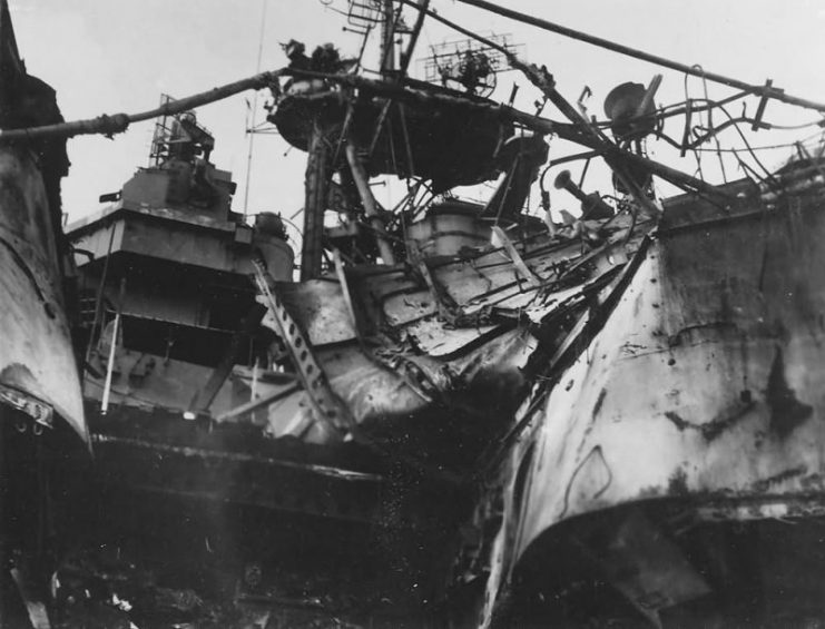 USS Bunker Hill CV-17 No 2 elevator destroyed after attack