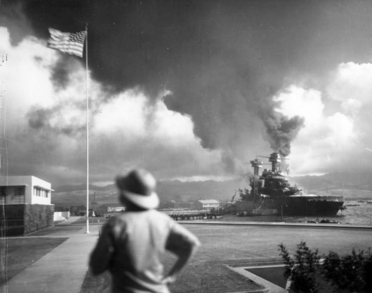 USS California (BB-44) being hit by Japanese aerial torpedoes and bombs