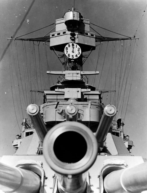 USS California (BB-44) forward superstructure and 356 mm (14-inch) gun turrets