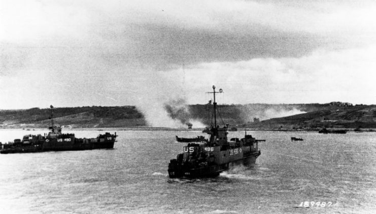 USS LCI(L)-490 and USS LCI(L)-496 approach Omaha Beach