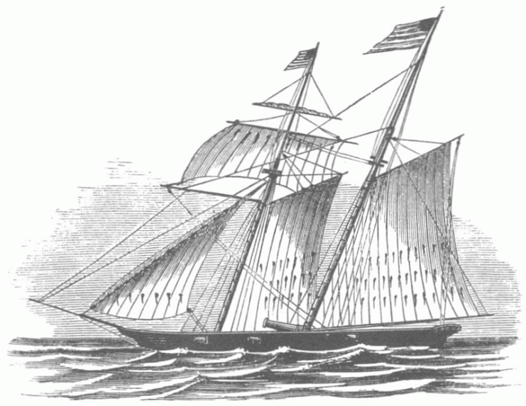 An etching of a Baltimore Clipper, a series of schooner rigged privateers that served the United States during the War of 1812.