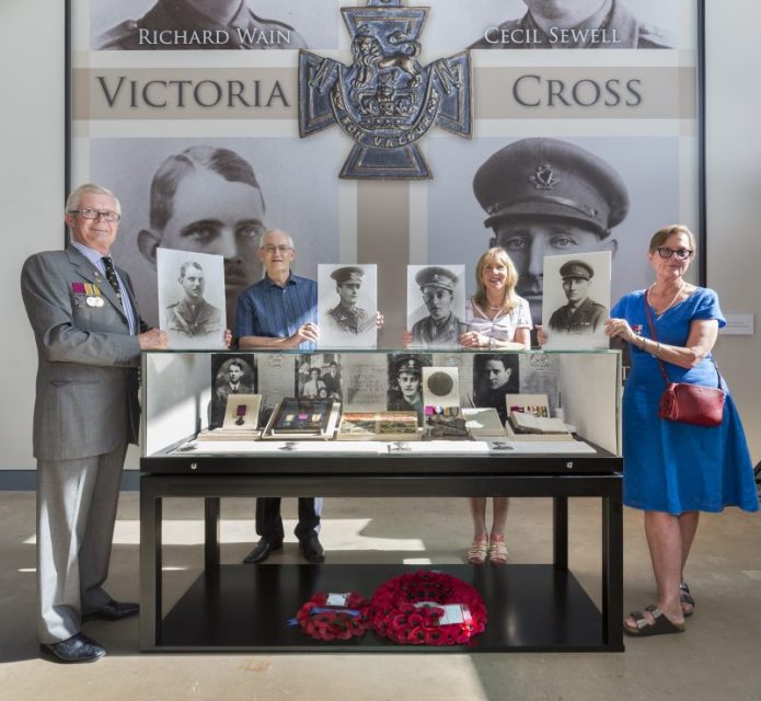 Descendants of the four WWI tank crew who were awarded the VC. (l-r) Ian Robertson, great nephew of Clement Robertson, Peter Harbinson, great nephew of Richard Wain, Wendy Shaw, great niece of Cecil Sewell, Kitty Morris, great granddaughter of Richard West