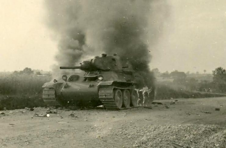 T-34 tank on fire