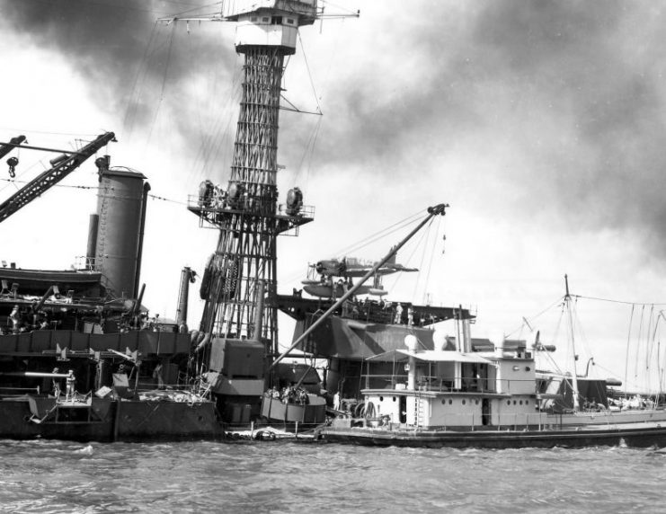 View of sailors on board the battleship USS California