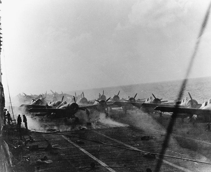 View of the flight deck of Lexington, at about 15-00 on 8 May. The ship’s air group is spotted aft, with Wildcat fighters nearest the camera.