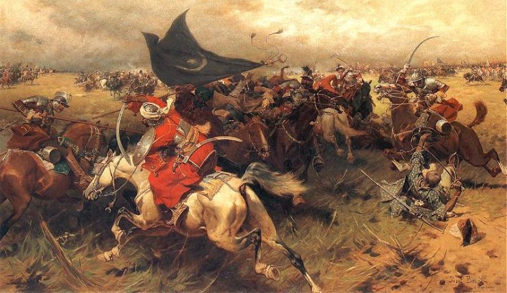 Sipahis of the Ottoman Empire at Vienna, in battle, holding the Crescent Banner (by Józef Brandt). 17th century, during one of the conflicts between Polish-Lithuanian Commonwealth and the Ottoman Empire.