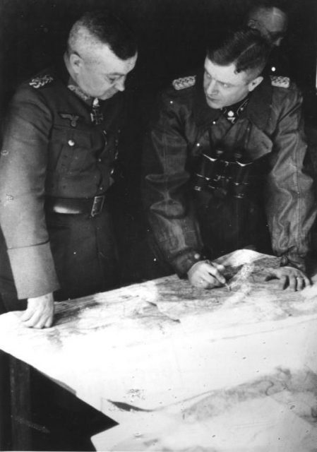 Walter Model (left) with SS-Brigadeführer Heinz Harmel.Photo Bundesarchiv, Bild 183-J27784 Adendorf, Peter CC-BY-SA 3.0