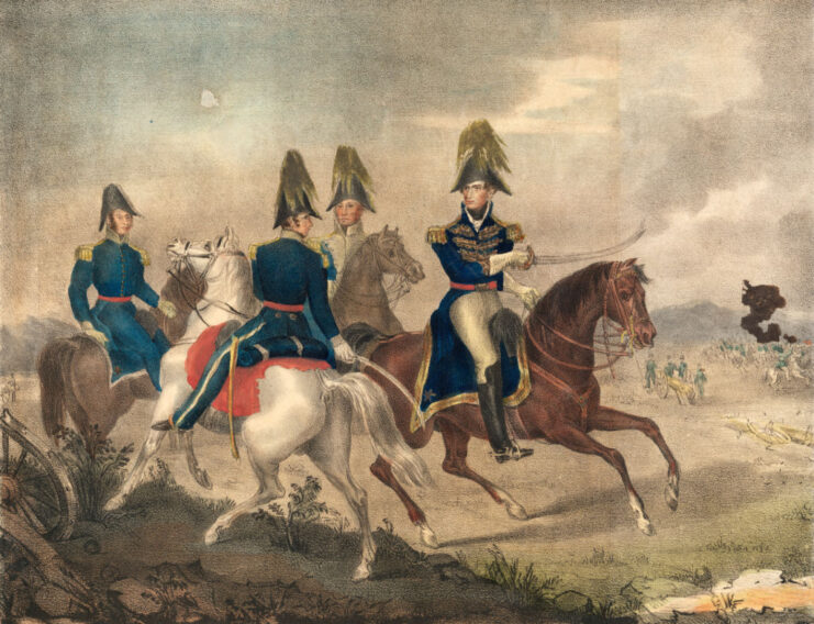 Painting of William Henry Harrison and other military officers on horseback