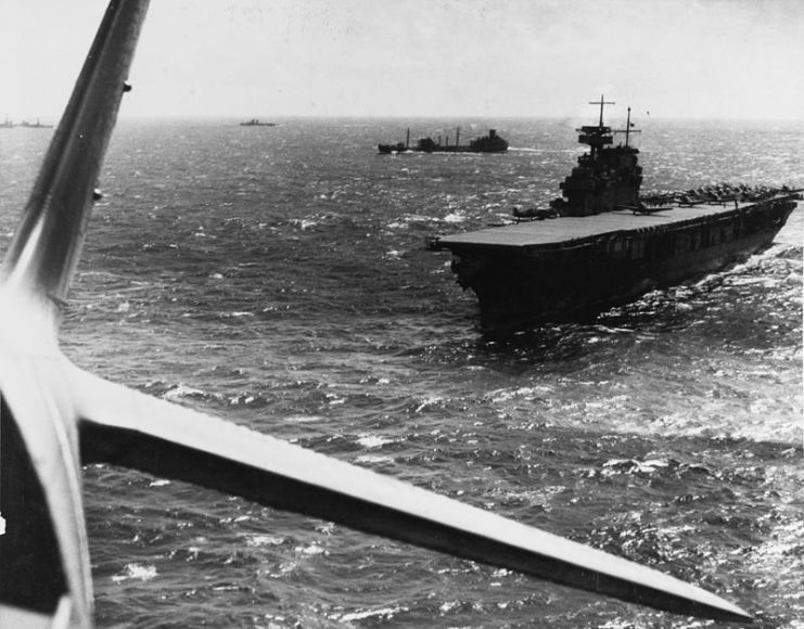 Yorktown conducts aircraft operations in the Pacific sometime before the battle. A fleet oiler is in the near background.