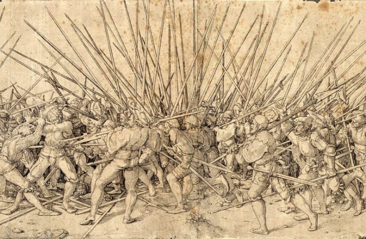 The Swiss were amazing infantry troops, mostly fighting with pikes, but able to switch to other weapons when things got too close. They are depicted here in a fierce struggle with some Landsknecht.