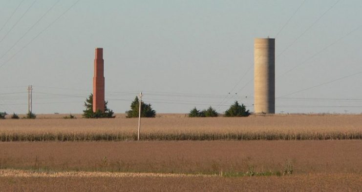 Chimney and water tower remaining at site of Camp Atlanta a German prisoner of war camp.