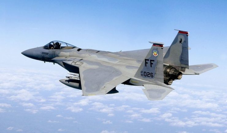 Capt. Matt Bruckner, an F-15 Eagle pilot assigned to the 71st Fighter Squadron, 1st Fighter Wing, at Langley Air Force Base, Va., flies a combat air patrol mission 7 October 2007 over Washington, D.C., in support of Operation Noble Eagle. The aircraft is a McDonnell Douglas F-15C-35-MC Eagle