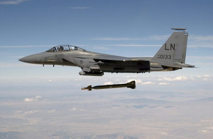 (USAF) F-15E Strike Eagle aircraft from the 492nd Fighter Squadron, 48th Fighter Wing, (RAF) Lakenheath,(UK) releases a GBU-28 “Bunker Buster” 5,000-pound Laser-Guided Bomb during a weapons evaluation test.