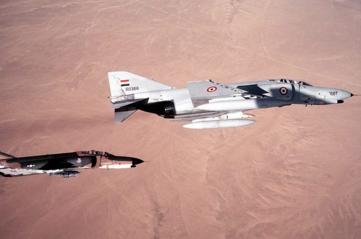 Egyptian Air Force F-4E Phantom IIs of the 222nd Tactical Fighter Brigade in formation with a U.S. Air Force 347th Tactical Fighter Wing F-4E Phantom II during exercise Proud Phantom